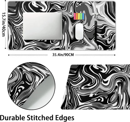 Black White Swirl Gaming Mouse Pad XXL Gray Marble Grey Fluid Design Extended Large Mouse Pad Big Desk Mat Non-Slip Rubber Base Stitched Edge Long Mousepad for Desktop Office Desk, 35.4 x 15.7 in