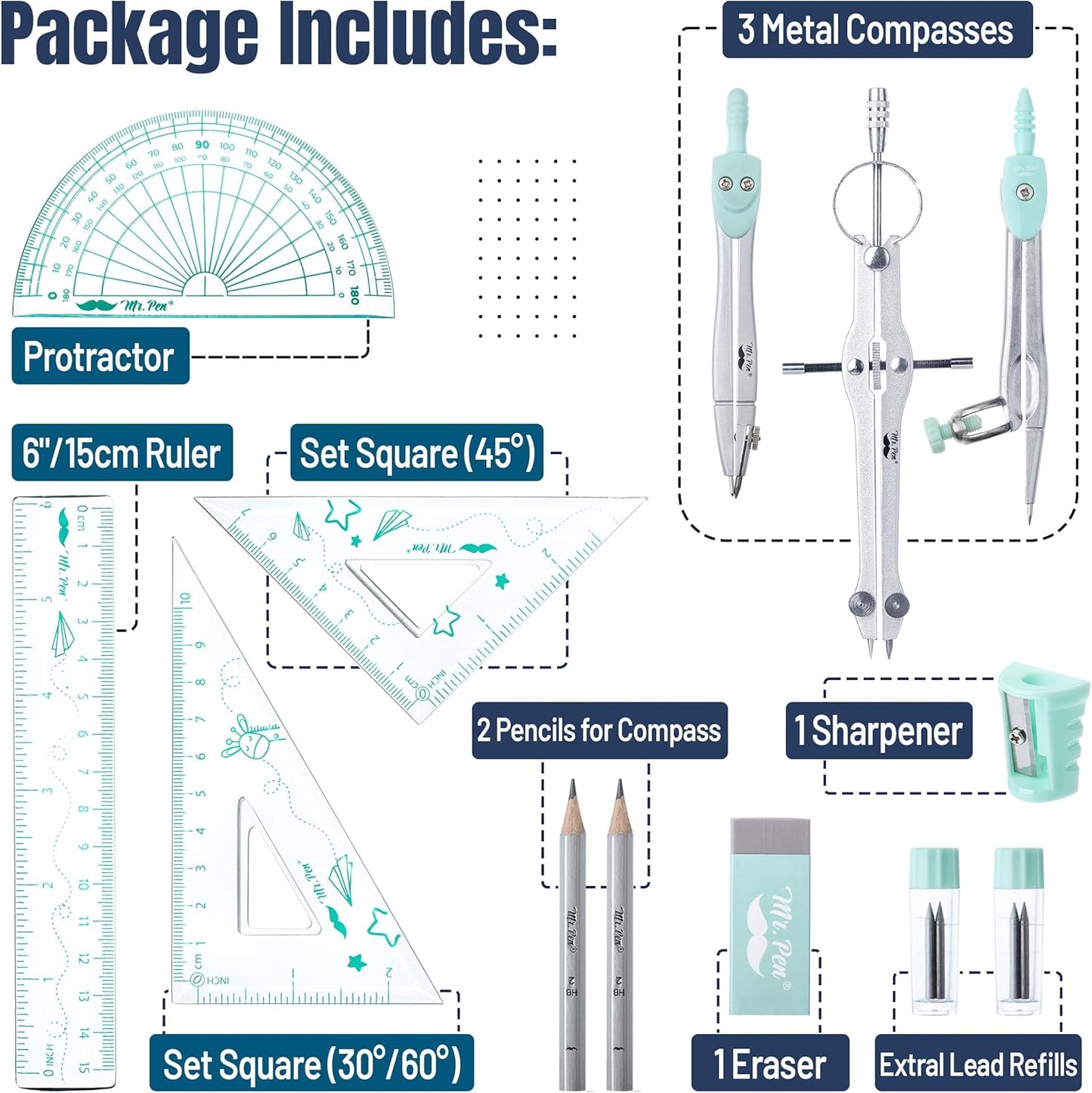 Mr. Pen- Geometry Set, 13 pcs, Compass for Geometry Compass, Geometry Kit Set with Shatterproof Storage Box, Math Compass, Geometry Set for School, Compass Math, Protractor and Compass Set