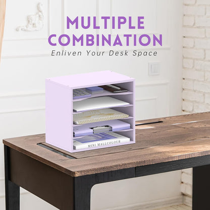 SUPEASY Wood Desk Organizer, 5 Tier Paper File Organizer for Desk, Wooden Desktop Organizer, Paper Letter Literature Mail Sorter, for Office School & Home Organization, Purple
