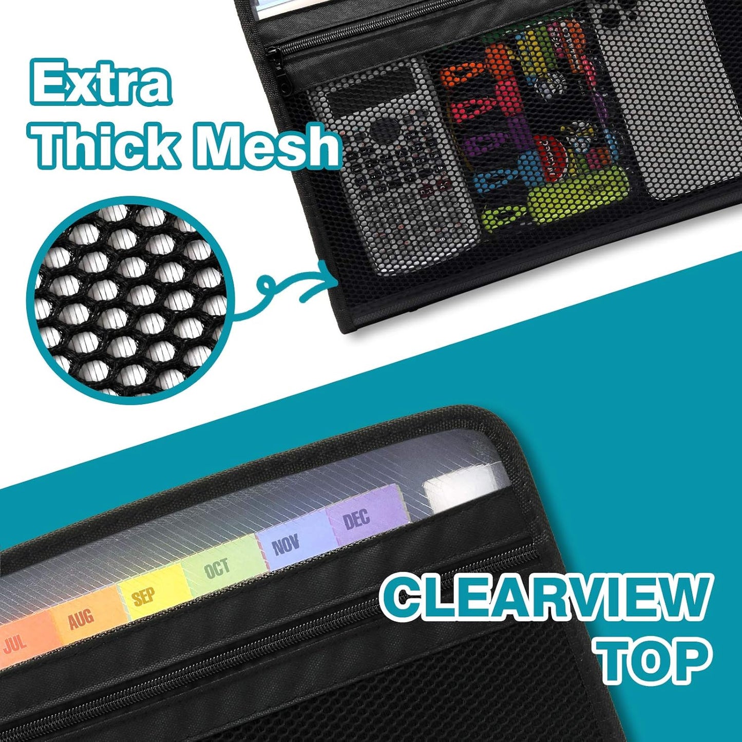 H4D Zippered Accordion File Organizer with Front Mesh Pouch, 13 Pocket Expanding File Folder, Fit for Documents Letter Size A4 Papers, Clear