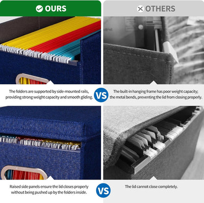 2 Pack Hanging File Folders Organizer with Lid, Letter Size Fabric File Storage Box Collapsible, Portable Office Document Holder with Metal Handle, Smooth PVC Rails, Blue