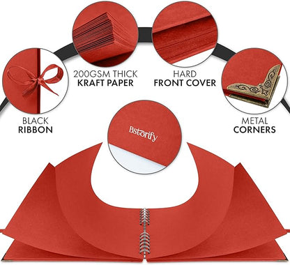 Bstorify Square Scrapbook Photo Albums 50 Pages (11 x 8.5 Inch) Red Thick Paper, Hardcover, Ribbon Closure - Ideal for Your Scrapbooking Albums, Art & Craft Projects (Red, 11 x 8.5 Inch)