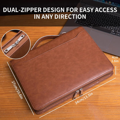 Personalized Vegan Leather Portfolio with Hidden Handle, Front Pocket, Custom Business Padfolio Tablet/13” Laptop Organizer, Professional Executive Document Folio, Brown