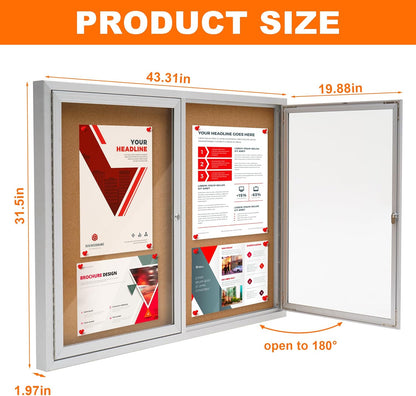 Enclosed Bulletin Board,Outdoor Bulletin Board,43.3 * 31.5’’ Lockable Cork Noticeboard with Aluminum Frame,Weatherproof Display Cases for School, Office,Commercial