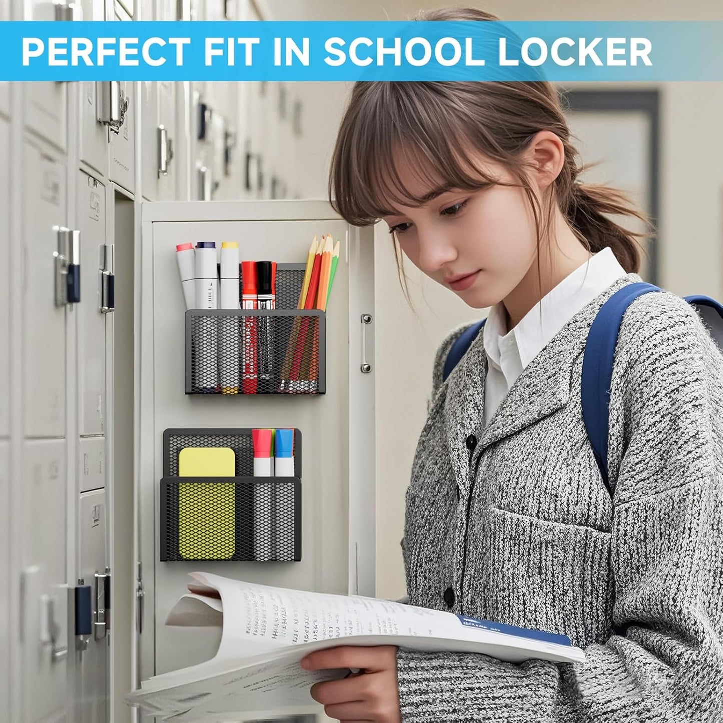 Magnetic Dry Erase Marker Holder, Mesh Pen Holder for Whiteboard，Magnet Pencil Organizer Storage for Refrigerator Locker Accessories Organizer for Home, School and Office(Black)