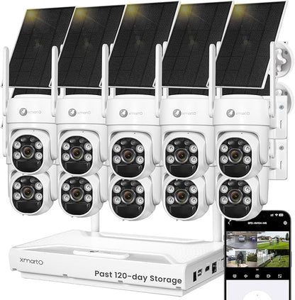 xmartO 100% Wire-Free Solar PTZ Home Security Camera System Wireless, 10-Set 2K 4MP QHD CCTV Camera Kit with 4K 10CH Expandable WiFi NVR and Past 90-Day Video Storage, All-Weather Solar Charge