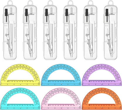 6 Sets Compass and Protractor Sets Student Basics Geometry Math Set Metal Compass and 6 Inch 180 Degree Protractors Geometry Graphing Drawing Tools for Office and School Supplies (Colorful)
