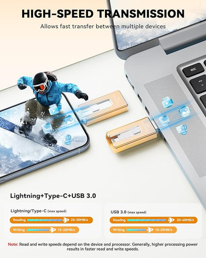 MFi Certified 256GB Flash Drive for iPhone iPad, Photo Stick for External Memory Storage, Easily Back Up and Save Photos Videos, USB Memory Stick Thumb Drive for iPhone/iPad/Android/PC (Gold, 256GB)