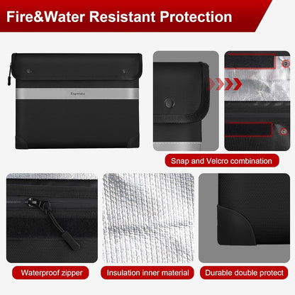 Fireproof Document Bag – 5200°F Heat-Resistant, 14.2" x 10.6" Waterproof Money Pouch with 8-Layer Protection, Zipper and Snap Closure, Reflective Strip for Quick Access, Black