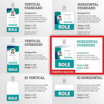 Custom Print Employee ID Badge with Vertical Side Text, Double Sided Print with Name, Photo, Logo, and Barcode – Unique Photo ID Card Solution (Horizontal Oversize)