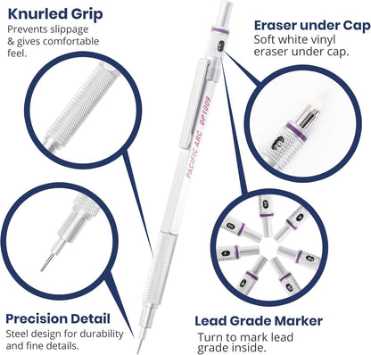 Pacific Arc Chromograph Metal Mechanical Pencil .9 mm Silver Barrel Mechanical Pencil with Built In Lead Pencil Grade Indicator, Lead Pencil Holder for Drafting, Sketching, and Drawing
