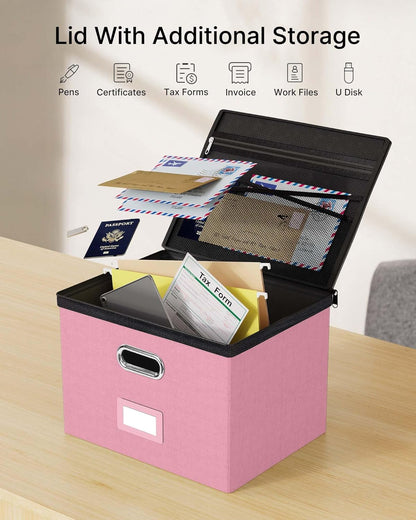 Oterri 1 Pack Large File Organizer Boxes with Lids, File Box with Mesh Pockets, Document Organizer Box for Legal/Letter Size Folders, Zippers Important Document Organizer (Pink, Without Folders)