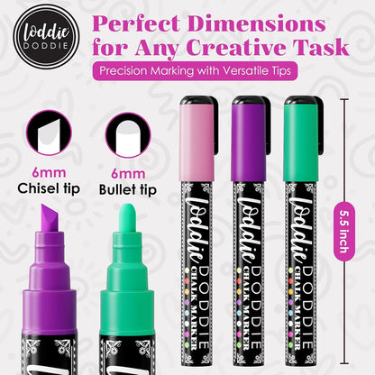 Loddie Doddie Chalk Markers - Pack of 16, 6mm Reversible Bullet & Chisel Tips - Non-Toxic Dust-Free Erasable Liquid Chalk Ink - Dry Erase Markers for Glass, Windows & Whiteboards