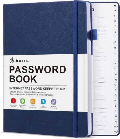 JUBTIC Password Book with Individual Alphabetical Tabs, 7"x10" Internet Password Keeper Book for Seniors, Password Notebook and Organizer/Notes Section, Navy Blue