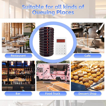 Restaurant Buzzer System, 10 Coaster Beeper Pager System with Buzzer, Customer Queue Pagers Set with Vibration, Flashing and Buzzer, for Food Truck, Church, Nursery