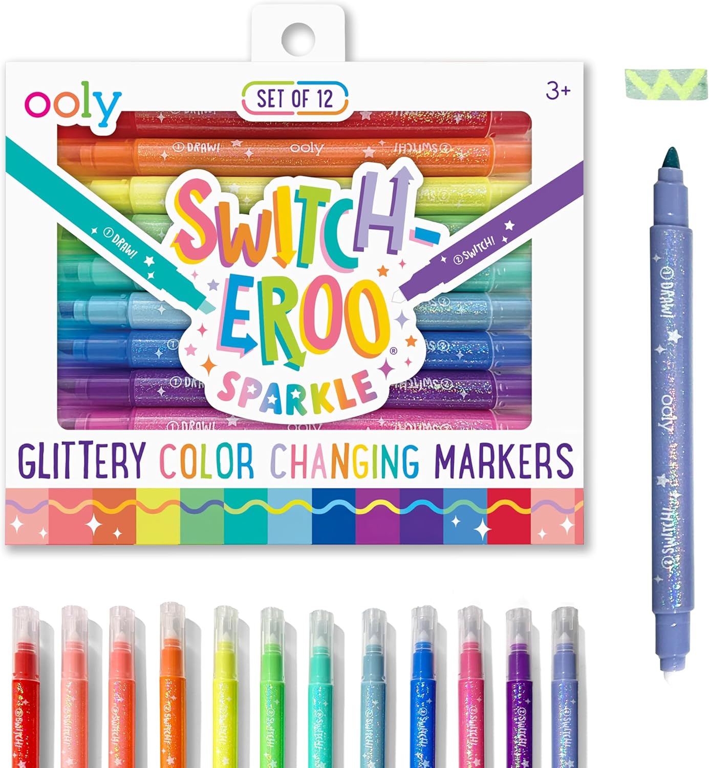 Ooly 12 Pack Sparkle Switch-eroo Color Changing Markers, Double Ended Chisel Tip Color Change Markers for Art Back to School Supplies, Drawing and Stationery Sets