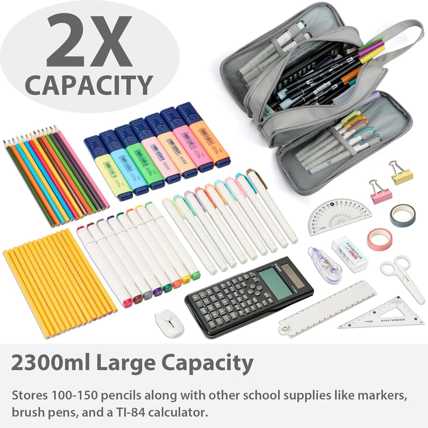 Pencil Case Pouch Box Bag School Supplies Girls Boys Kids, Cute Preppy Stuff Big Capacity Aesthetic Pen Organizer, Back to College Stationary, Gray, Extra Large Style, 2300ml