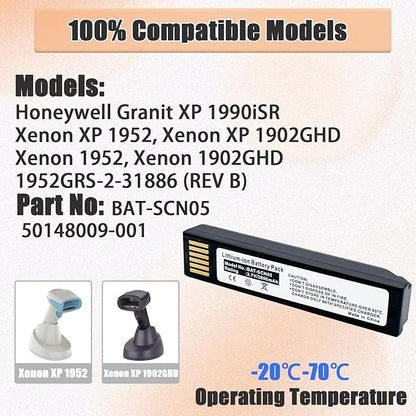 Replacement BAT-SCN05 2600mAh Li-ion Battery for Honeywell Granit XP 1990iSR, Xenon XP 1952, 1902GHD, Xenon 1952, 1902GHD, 1952GRS-2-31886 (REV B)
