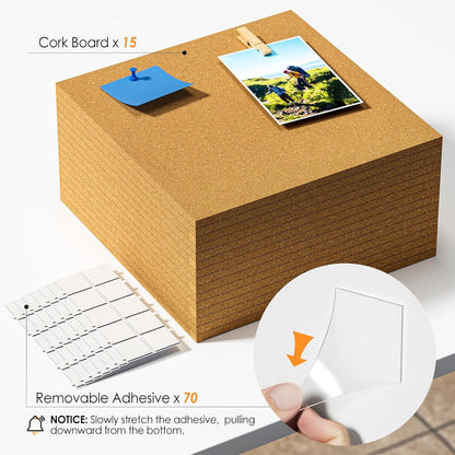 MaxGear Large Cork Board for Wall 60" x 36", 15 Pack Cork Board Tiles with 40 Pushpins & Safe Removable Adhesive Tabs, 12" x 12" Corkboards for Office, School, Home