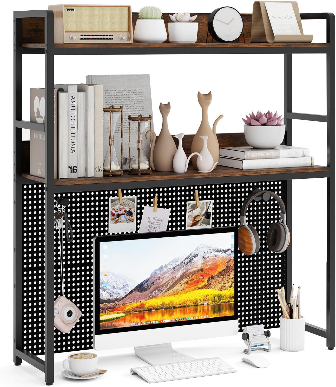 GOFLAME Desktop Bookshelf with Pegboard, 37 Inch Industrial Desk Hutch for Computer Monitor, 2-Tier Countertop Organizer Shelf with Safety Guardrails for Home Office, Dorm, Study, Rustic Brown