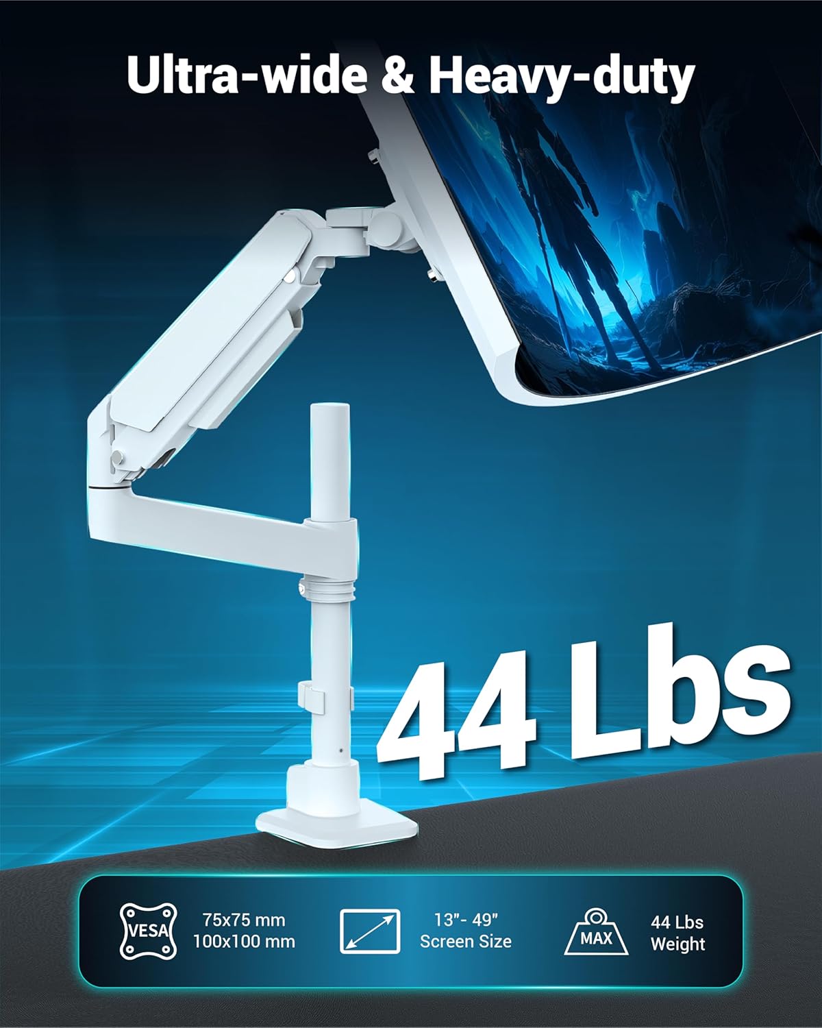 Heavy Duty Monitor Arm for 13-49 Inch Ultrawide Screens, Holds Up to 44lbs, Fully Adjustable Single Monitor Mount, with Clamp & Grommet Base, 75/100mm VESA Desk Mount, White