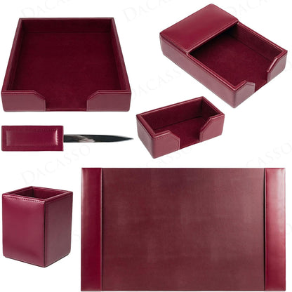 Dacasso Burgundy Bonded Leather Luxury 6-Piece Desk Accessory Set - Blotter Pad & Desk Organization Essentials - Executive Decor and Surface Protector