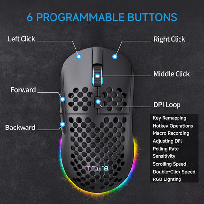 TMKB Falcon M1 Wireless Gaming Mouse, 24000DPI Optical Sensor, 180Hrs Battery, Lightweight, 6 Programmable Buttons, RGB Strip, 2.4G/BT5.2/USB-C Wired for PC/Mac/Laptop - Matte Black