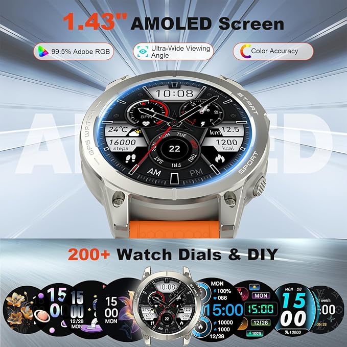 Smart Watch for Men GPS Fitness: 1.43" AMOLED Military Make Answer Call Running Digital Mens Watches Waterproof Smartwatch Android Phone iPhone Samsung Compatible Step Tracker SpO2 Heart Rate Monitor