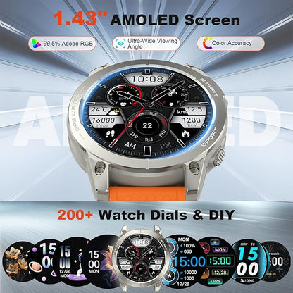 Smart Watch for Men GPS Fitness: 1.43" AMOLED Military Make Answer Call Running Digital Mens Watches Waterproof Smartwatch Android Phone iPhone Samsung Compatible Step Tracker SpO2 Heart Rate Monitor