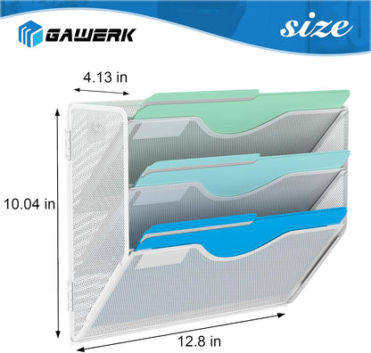 3 Tier Hanging Wall File Organizer, Mesh Mail Paper Orgnization Hanging File Folder Holder for Home Office, White