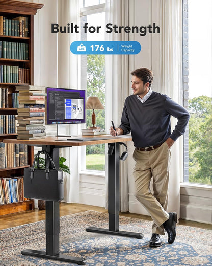 HUANUO 48 x 24 inch Electric Standing Desk, Height Adjustable Table with Headphone Hooks & Cable Manager, Sit to Stand up Desk for Home Office, Vintage Brown