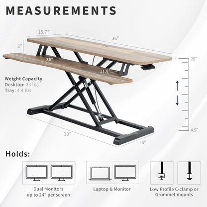 VIVO 36 inch Desk Converter, K Series, Height Adjustable Sit to Stand Riser, Dual Monitor and Laptop Workstation with Wide Keyboard Tray, Reclaimed Wood Top, Black Frame, DESK-V036KP