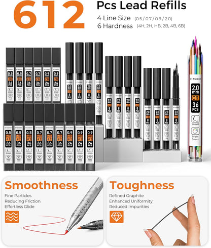 45PCS Black & Silver Metal Mechanical Pencil Set in Leather Case, 0.5, 0.7, 0.9, 2.0mm Drafting Pencils with 28 Tubes(6B 4B 2B HB 2H 4H & Colors)Lead Refills for Art Drawing, Sketching,Writing