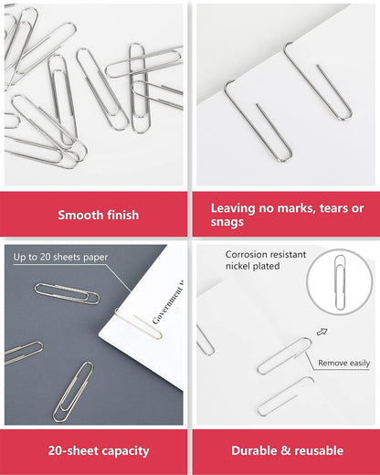 PAPERPAL Paperclips for Office School & Personal Use, Jumbo Smooth Paper Clip (2"), 300 Large Paper Clips (3 Boxes of 100 Each), Silver