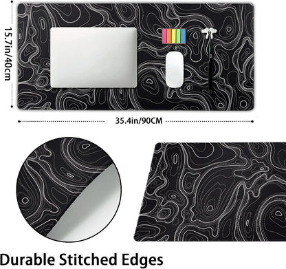 Topographic Map Black Gaming Mouse Pad XXL Minimalist Topo Geographic White Lines Extended Large Mousepad Desk Pad Non-Slip Rubber Base Stitched Edge Keyboard Pad Playmat for Computer,35.4×15.7 in