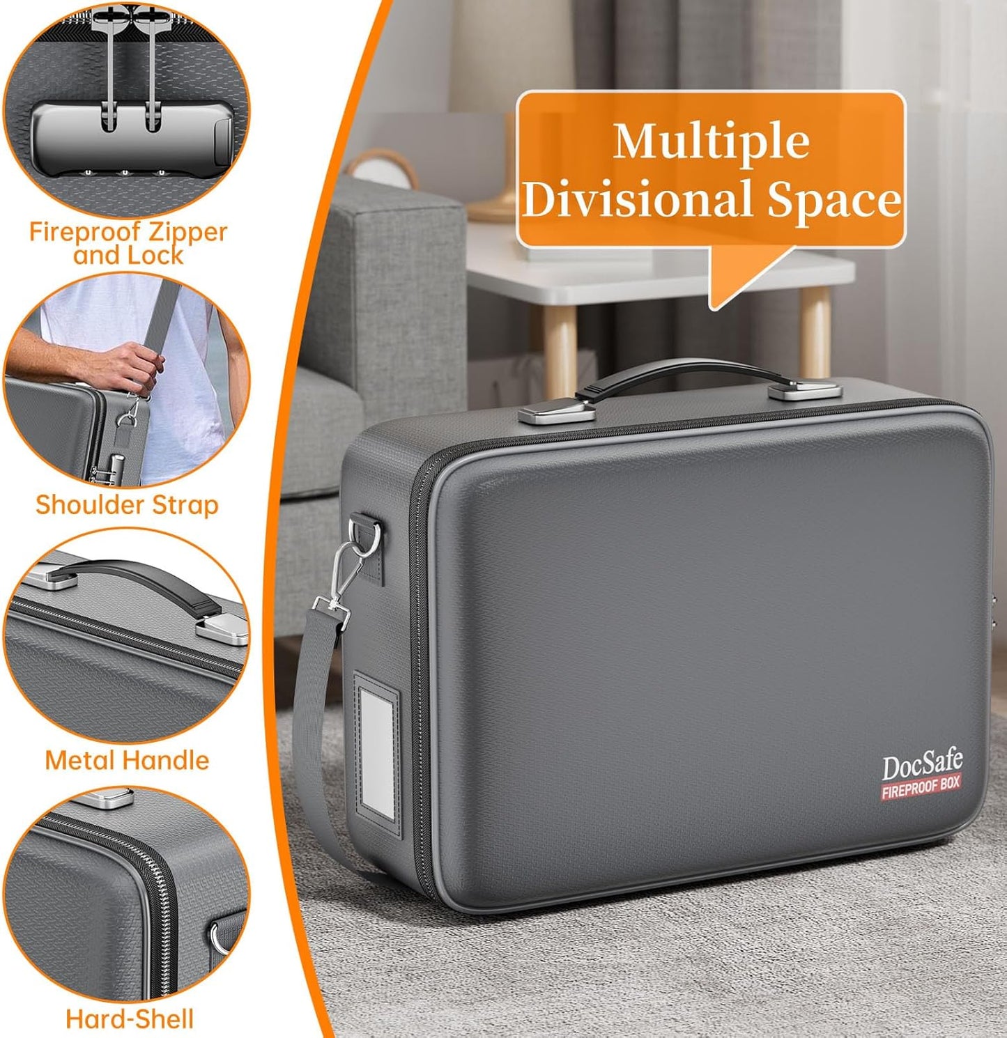 DocSafe Fireproof Document Box with Lock＆Shoulder Strap,Hard Case File Organizer with Accordion File Folder,Multi-Layer Portable Home Office Travel Safe Storage for Important Documents Laptop Gray