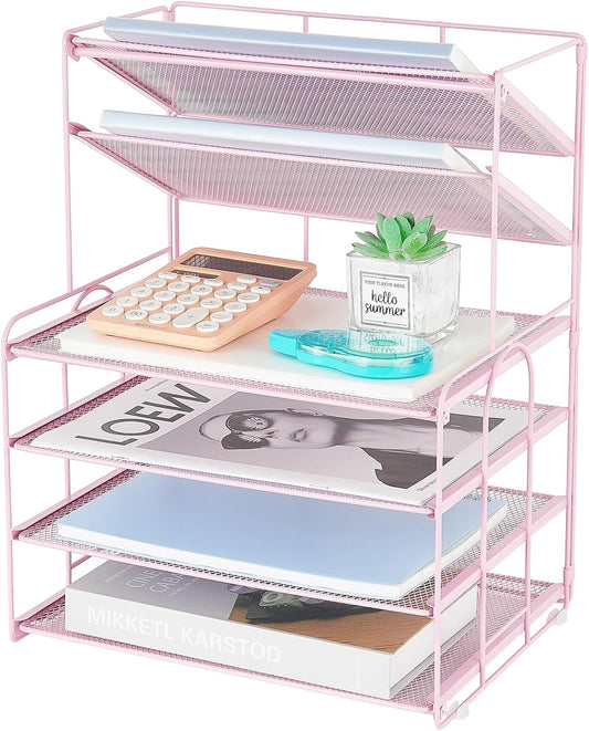6-Tier Letter Tray Paper Organizer, Desk Organizers and Accessories, Desktop File Organizer, Office Desk Accessories for Office Supplies(Pink)