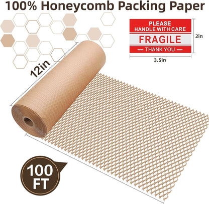 Honeycomb Packing Paper Wrap 12"x100' Sustainable Alternative to Bubble Wrap for Moving Shipping/Gift, Biodegradable & Fully Recyclable Bubble Paper Wrapping with 20 Fragile Sticker……