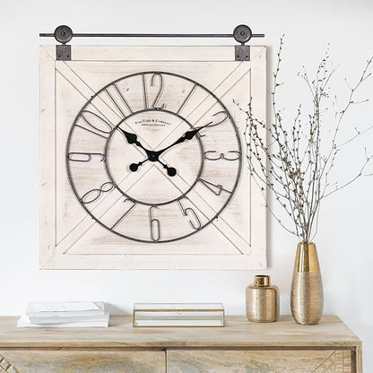 Oakrain Rustic Large Wall Clock, Classic Vintage Hanging Clock, Silent Non-Ticking Square Wall Clock for Living Room Bedroom Office, Numeral, Distressed White, 27''x29''