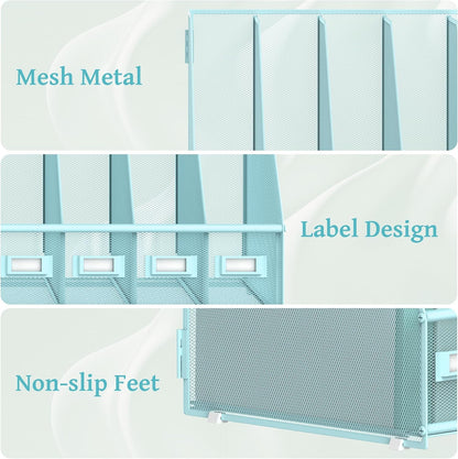 SUPEASY Desk Organizers Metal Desk Magazine File Holder with 5 Vertical Compartments Rack File Organizer for Office Desktop, Home Workspace, Blue