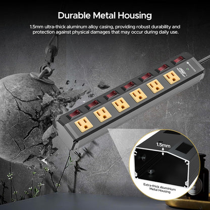 CRST 6 Outlet Metal Heavy Duty Power Strip with Individual Switches, 6FT Wall Mount Garage Power Strip, Surge Protector (1200 Joules), 15amp/1875W, 14AWG SJT Power Cord
