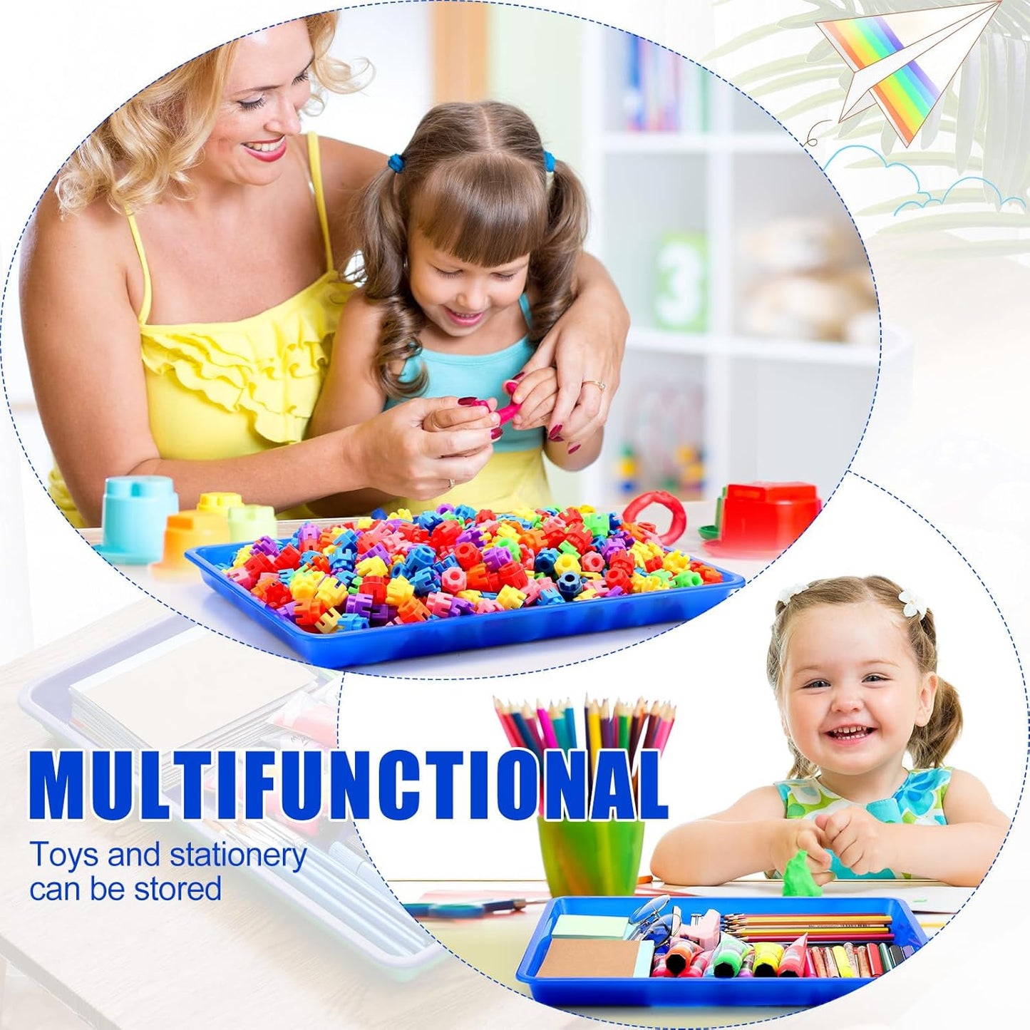 Maitys 15 Pcs Flat Plastic Trays 16.1 x 11.8'' Sensory Storage Tray Paper Stackable Classroom Bins for Office Home Organizer Arts and Crafts Supplies(Blue)