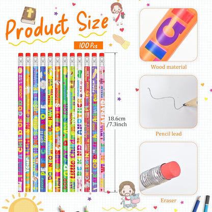 Cinrobiye 100 PCS Bible Pencils Bulk,Christian Gifts for Children Wood Pencils with Erasers Inspirational Religious Supplies for School Prizes Classroom Exchange Gift Party Favors,Stationary Gifts