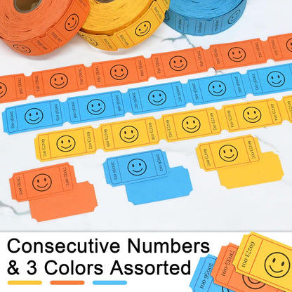 L LIKED 1500 Raffle Tickets Roll, 3 Assorted Colors, 1x2 Inch Smile Ticket for Events, Entry, Class Reward, Parties, Giveaways & Prizes (Yellow, Orange, Blue)