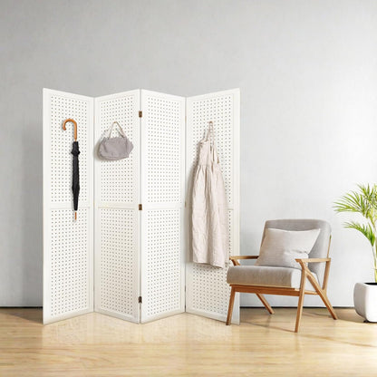 NicBex Room Divider 4 Panel Pegboard Display 5.6FT Wood PegBoard Room Dividers, Folding Privacy Screens Portable Display Board Wall Divider for Craft/Art Shows, Room Separation, White