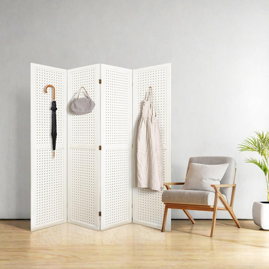 NicBex Room Divider 4 Panel Pegboard Display 5.6FT Wood PegBoard Room Dividers, Folding Privacy Screens Portable Display Board Wall Divider for Craft/Art Shows, Room Separation, White