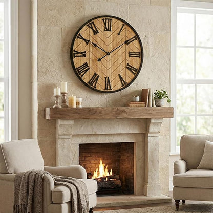 24 Inch Large Wall Clock Farmhouse Style - Brown Silent Non-Ticking Rustic Decor for Living Room, Kitchen, Bedroom