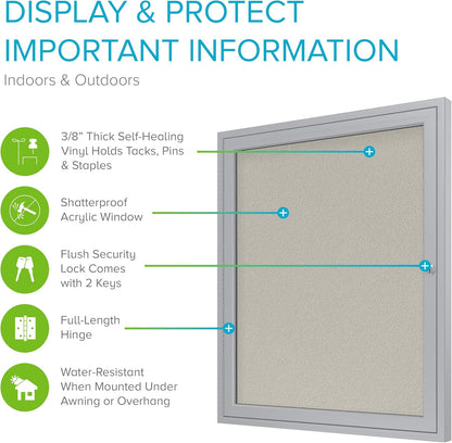Ghent 36"x24" 1-Door Outdoor Enclosed Vinyl Bulletin Board, Shatter Resistant, with Lock, Satin Aluminum Frame - Ivory (PA13624VX-185), Made in The USA