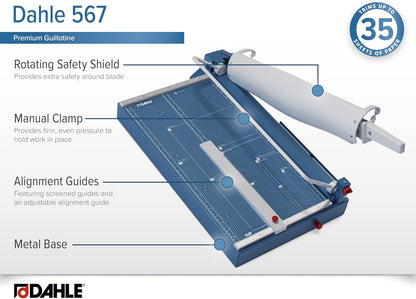 Dahle 567 Premium Guillotine Trimmer, 21" Cut Length, 35 Sheet Capacity, Self-Sharpening Blade, Manual Clamp, w/Safety Guard