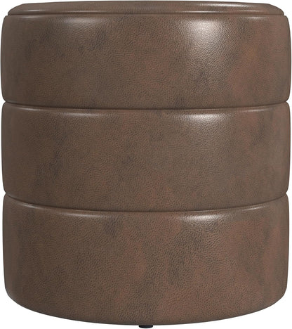 HomePop Upholstered Faux Leather Round Ottoman Home Décor|Foot Rest Ottoman- Brown Faux Leather